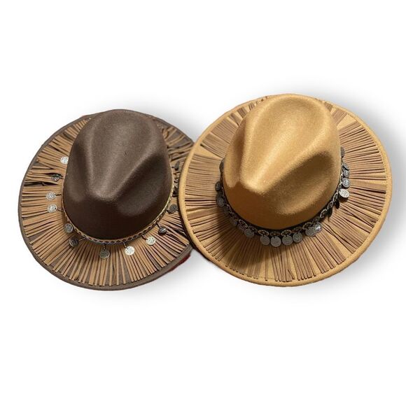 Boho Brown Wide Brim Leather Tassel Coin Band Western Fedora Hat NEW